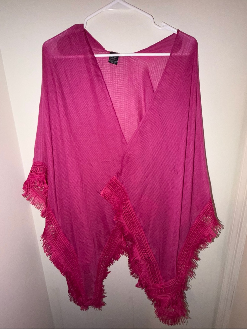 Source Unknown Hot Pink Fringe Knit Poncho
